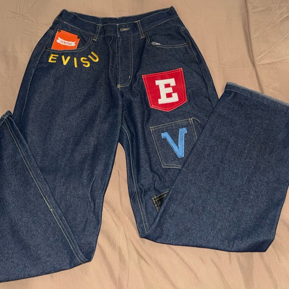 Evisu Relaxed Blue and Red Jeans with Contrast Stitching